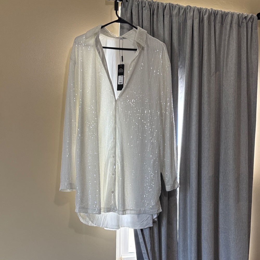 Fashion Nova White Sequin Button Down Shirt